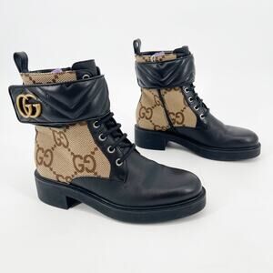 Gucci Flores Black Camel GG Canvas Logo Leather Matelasse Ankle Boots EU 37